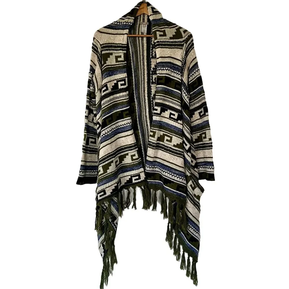 J. Jill Wool Blend Fringe Open Cardigan Sweater Boho Aztec Large - Picture 3 of 14